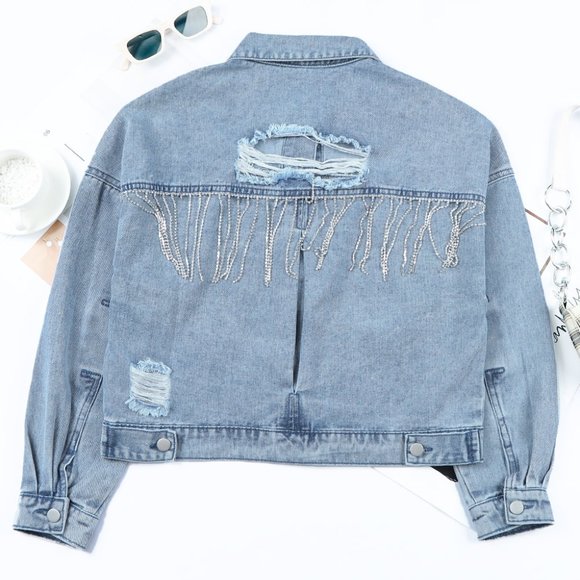 Sky Blue Rhinestone Fringe Denim Jacket - Picture 5 of 15